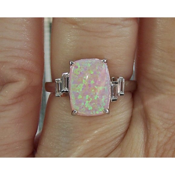 925 STERLING SILVER Lab Created Pink Fire Opal Cubic Zirconia Ring - Picture 11 of 15